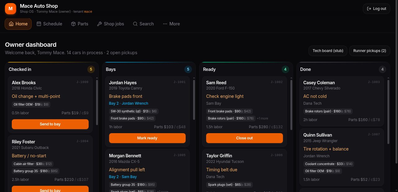 Shop OS owner dashboard showing a job board with Checked in, Bays, Ready and Done columns